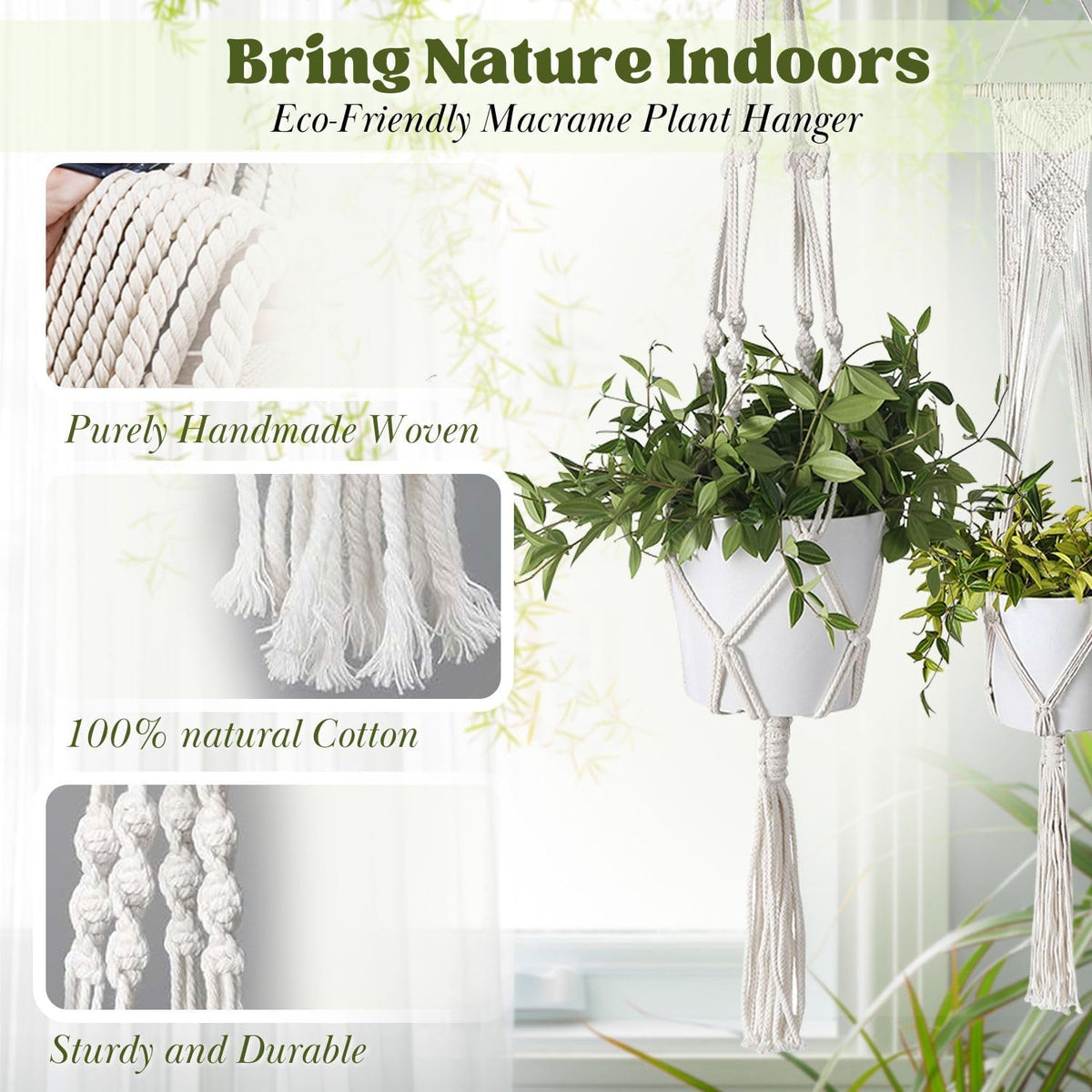 Flexzion Macrame Plant Hangers, 4 Pack, Off-White Cotton Rope, 4 Lengths