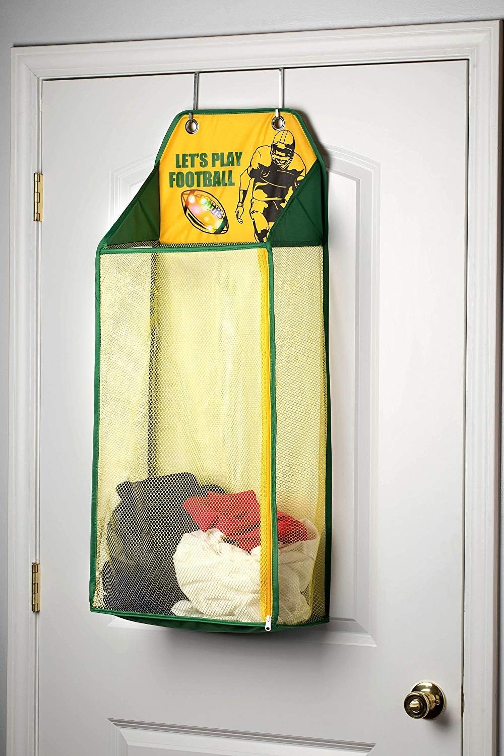 Store & Score Over The Door Hanging Kids Fun LED Football Light-Up Collapsible Mesh Construction Laundry Hamper Basket, Toy Chest, Heavy Duty Metal Hooks Included. Patent Pending