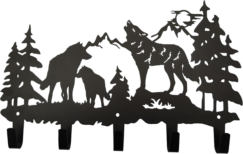 Metal Wolf Coat Hooks Wall Art Decor-Wolf Hangers and Key Holder-Clothes Rack and Backpack Hanger-Animal Theme Hooks Sweet Home Decor for Storage, Living Room, Hallway, Office (Black)