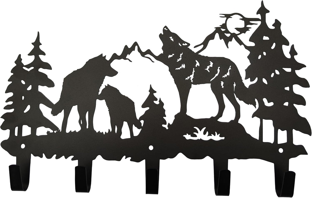 Metal Wolf Coat Hooks Wall Art Decor-Wolf Hangers and Key Holder-Clothes Rack and Backpack Hanger-Animal Theme Hooks Sweet Home Decor for Storage, Living Room, Hallway, Office (Black)