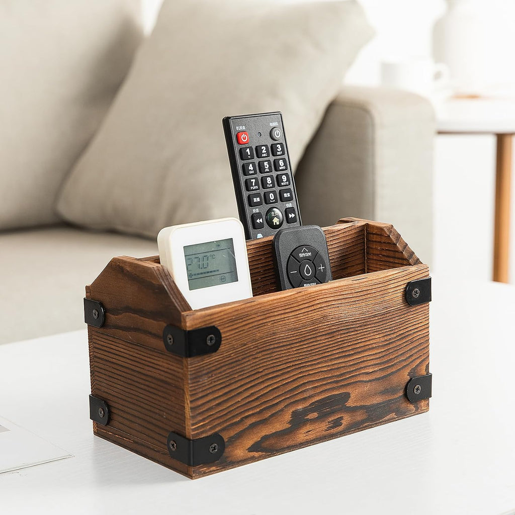 Brown Torched Wood Remote Control Organizer Burnt Wooden Tabletop Storage Caddy Two Compartment Holder TV Game Consoles Cell Phone Kitchen Utensils Office Supplies Living Room Home Bedroom