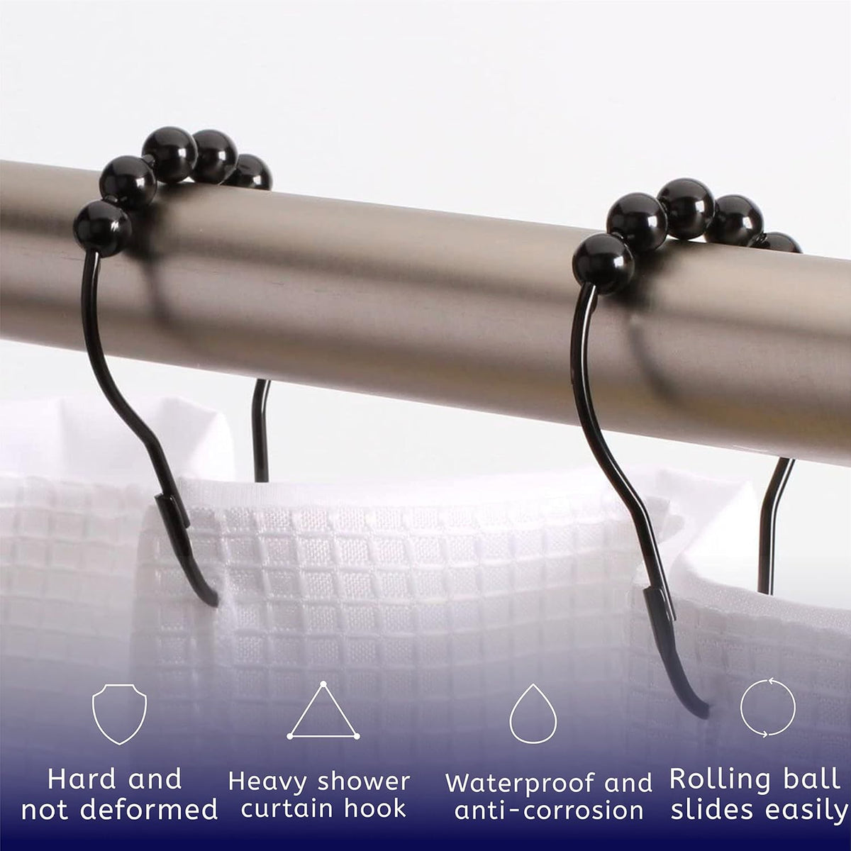 2lbDepot Shower Curtain Rings Hooks - Black Finish - Premium 18/8 Stainless Steel - Locking Rings with Easy Glide Rollers - Five Finishes Available - Set of 12 for Shower Rods