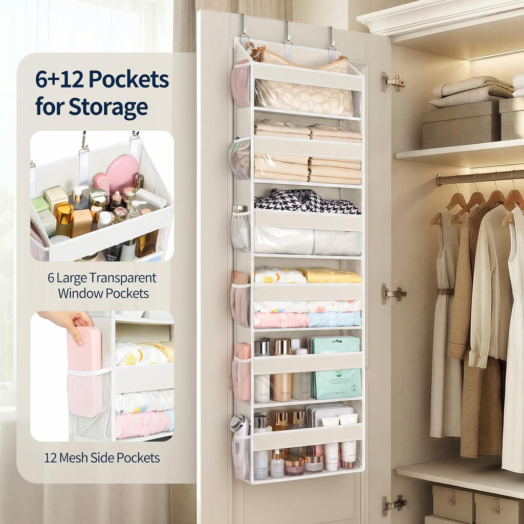 Yecaye Over the Door Organizer 6 Tiers, Heavy Duty Hanging Storage with 6 Large Clear PVC Pockets and 12 Side Pockets, 56lbs Capacity for Closet Door Bathroom Bedroom Nursery Dorm, Ivory White