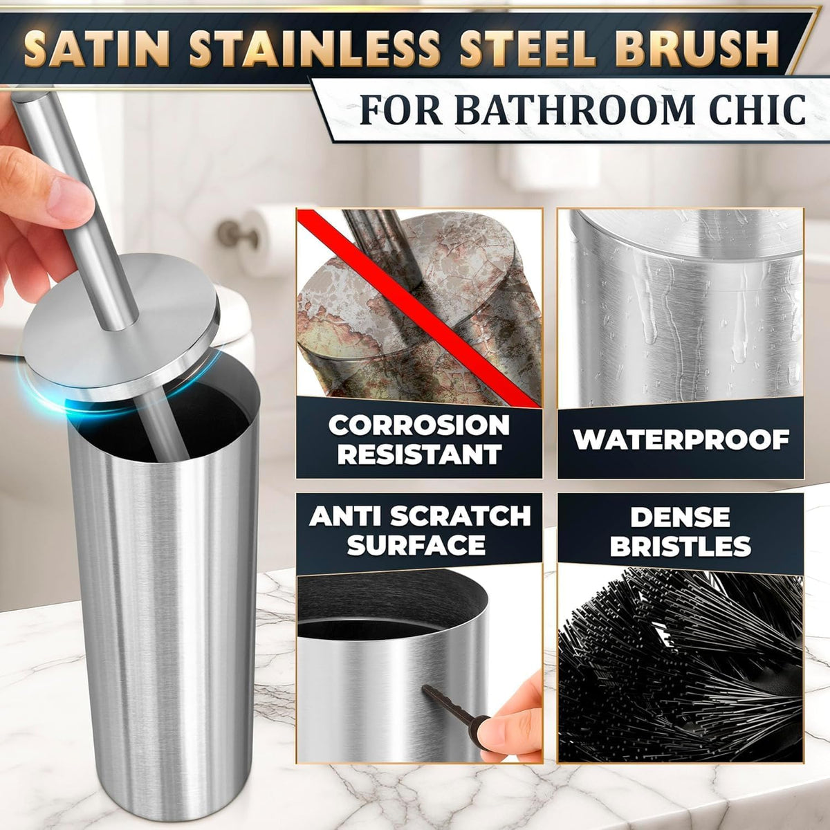 Silver Toilet Brush and Holder Set, Freestanding, Splash Protection