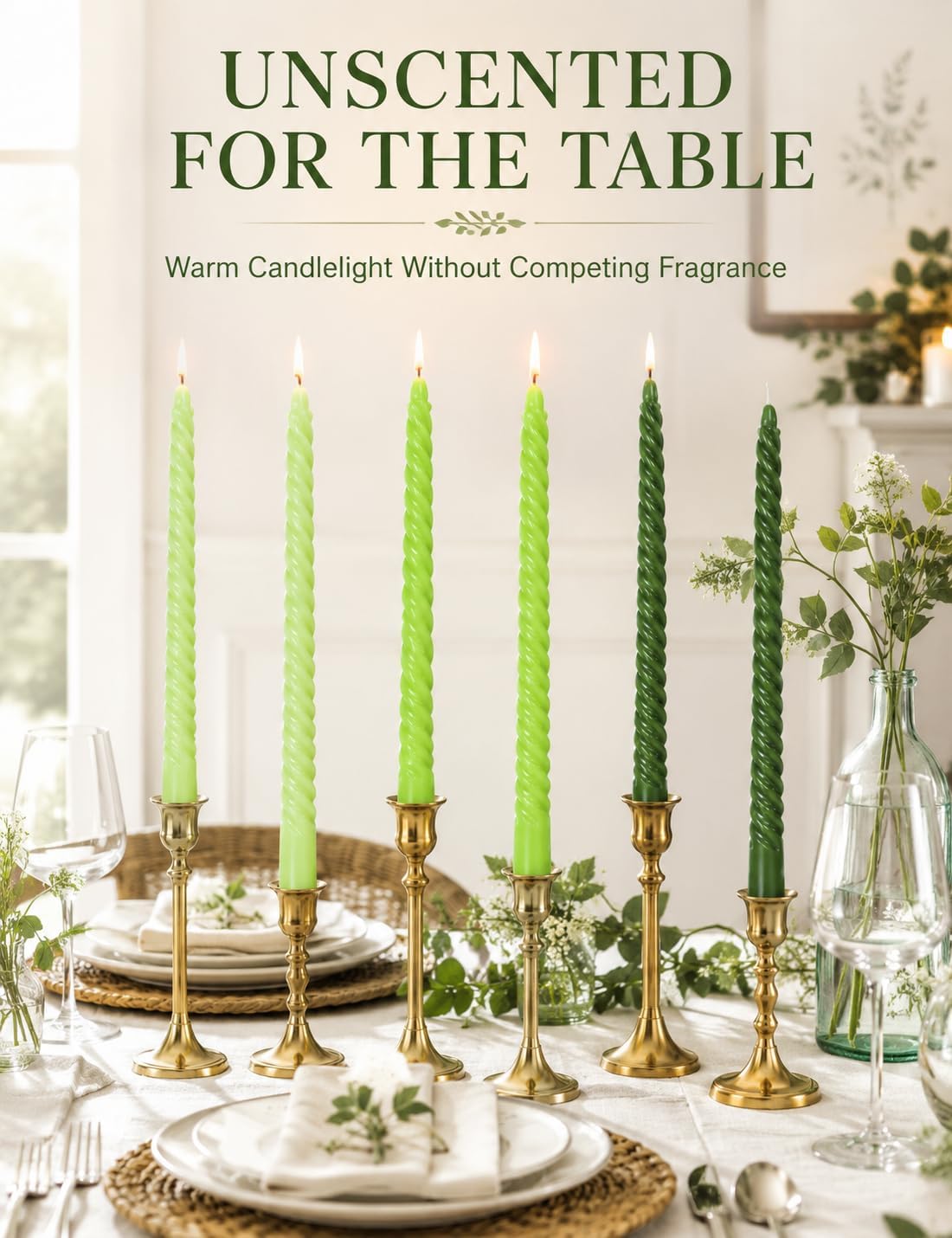 10 Inch Gradient-Green Spiral Taper Candle Set, 6 Pack Unscented Dripless Candlesticks for Dinner St. Patrick's Day Earth Day and Garden Parties