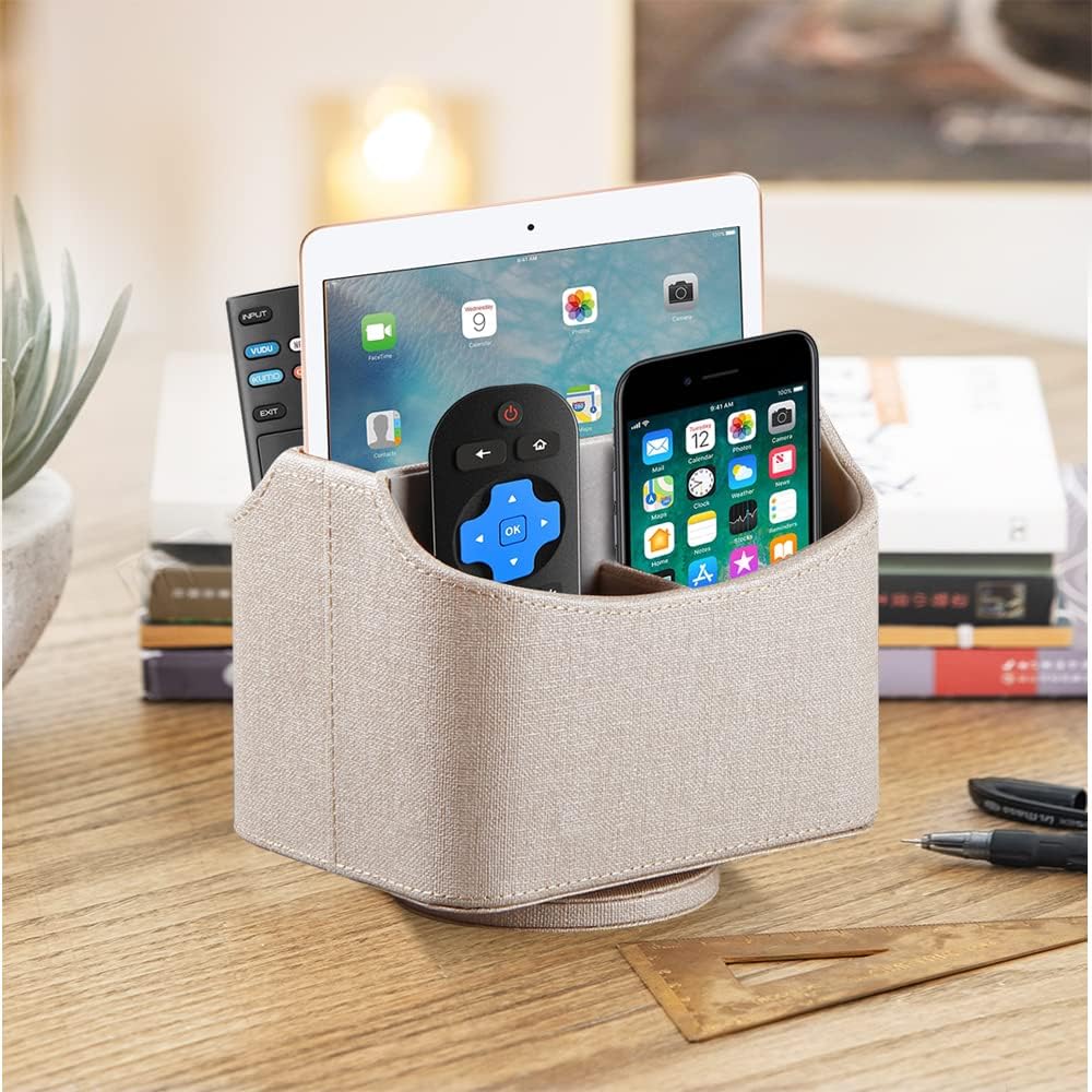 360° Rotating Remote Control Holder, PU Leather TV Remote Caddy, Pen Holder.Nightstand Organizer Storage Box with 5 Compartments for Pencil, Art Supplies, Makeup Brush, Office Desk Table Accessories