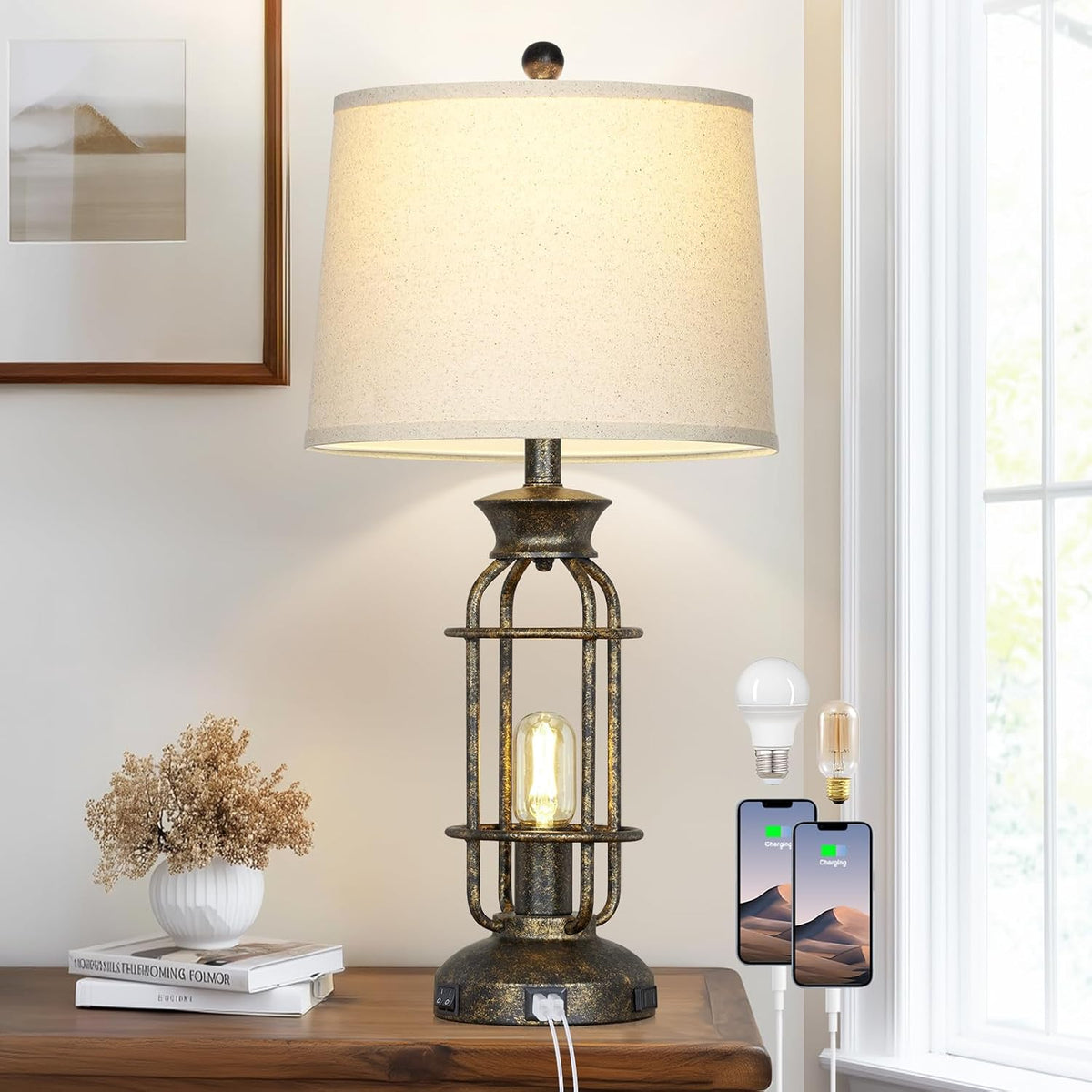 28" Tall Farmhouse Table Lamp with USB C+A Charging Ports & AC Outlet, Rustic Industrial Bedside Lamp for Living Room, Vintage Nightstand Lamp for Bedroom End Table Bronze Single, 2 Bulbs Included