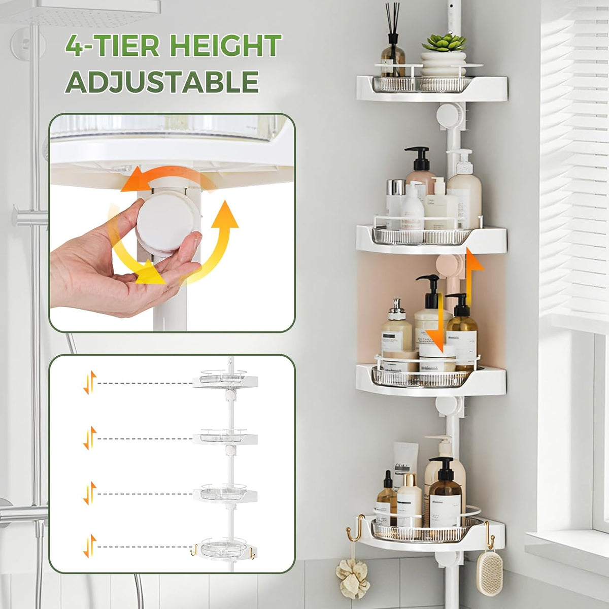 akinbas 360° Rotating Shower Caddy Tension Pole with 4-Tier Rustproof Lazy Susan 35-128 Inch No Drilling Coner Shelves Adjustable Shower Rack for Bathroom Bathtub Washbasin Plant Storage (White)