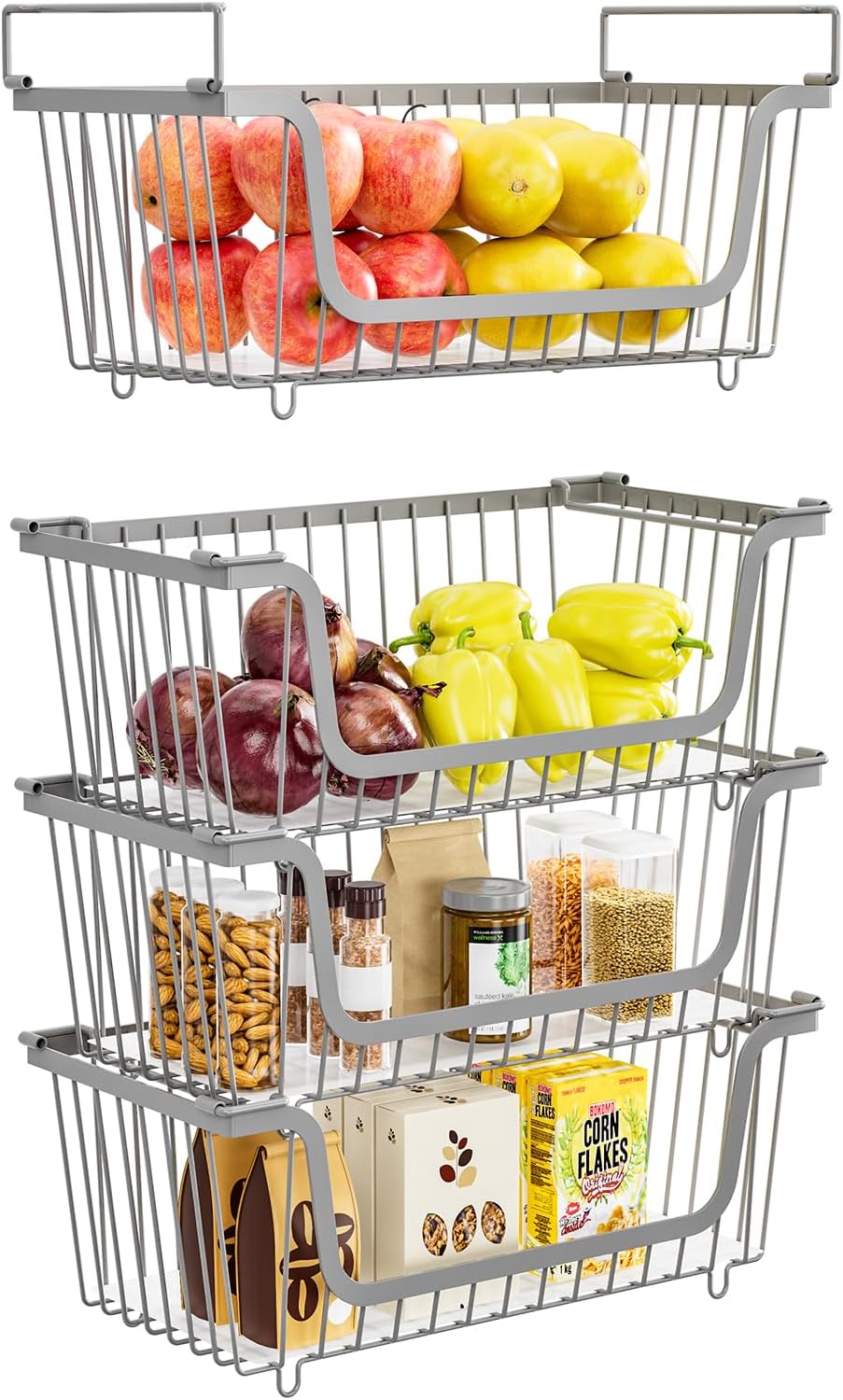 4 Pcs Stackable Wire Baskets for Pantry Organizers and Storage, Gray