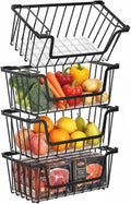 SUNALLY Stackable Storage Bins 4 Pcs Wire Baskets Freezer Organizer, Black