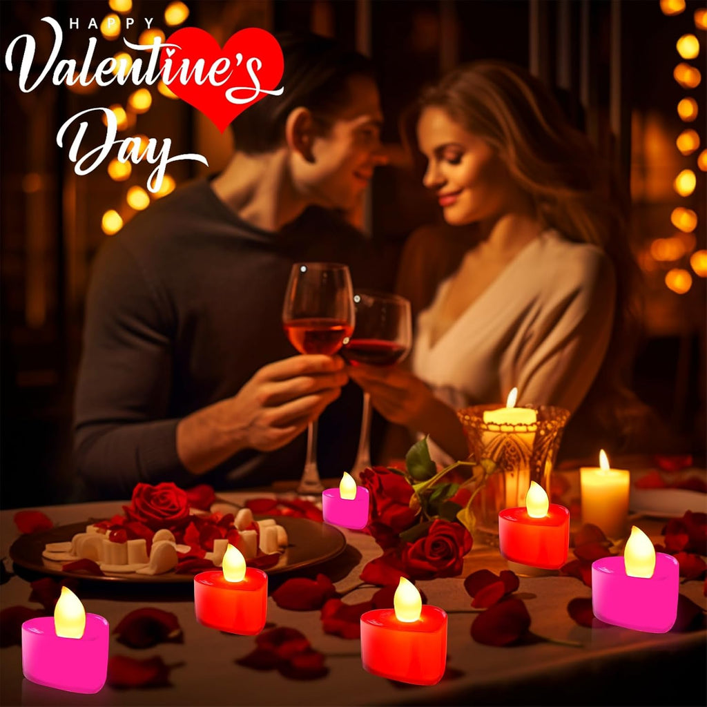 Valentines Day Decorations, 24 Pack LED Heart Tea Lights Candles Battery Operated Red Pink Valentines Day Lights Heart Shaped Flameless Candles for Romantic Night Anniversary Wedding Table Party Decor