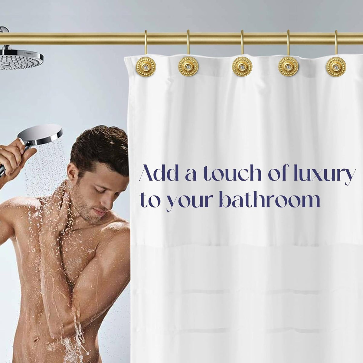 Gold Rhinestone Shower Curtain Hooks, 12 Pack Rustproof Metal Rings