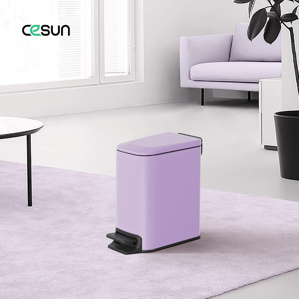 Cesun Small Bathroom Trash Can with Lid, 1.6 Gal, Soft Close, Purple