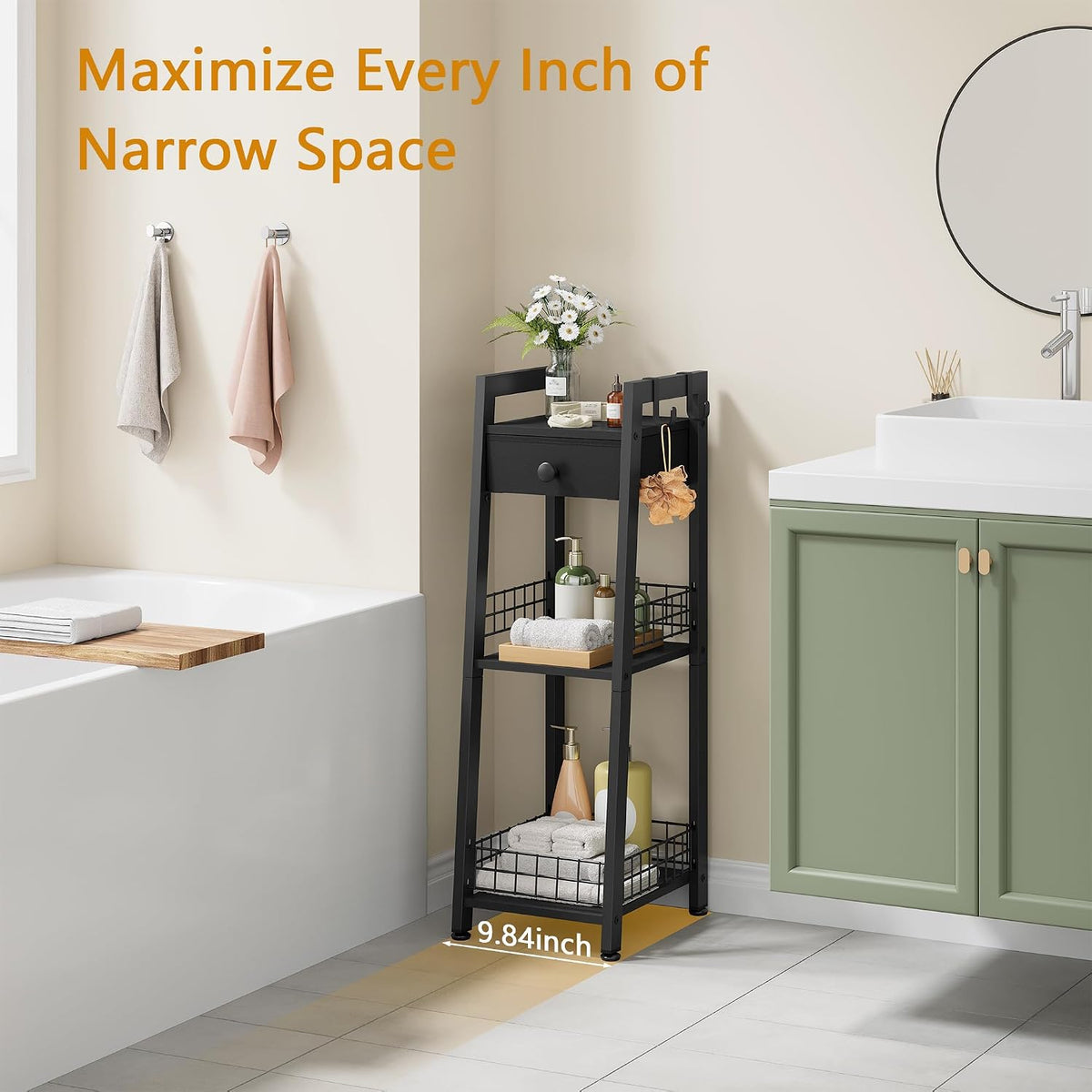 Gewudraw 3-Tier Narrow Bathroom Ladder Shelf with Storage Drawer, Black