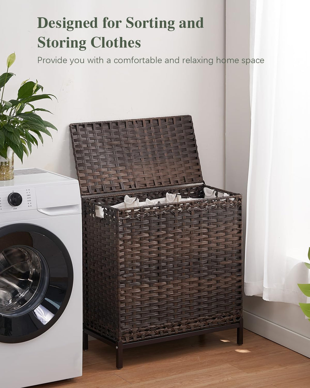 SETVSON Laundry Hamper with Lid, 35 Gal 3-Bag Clothes Sorter, Brown