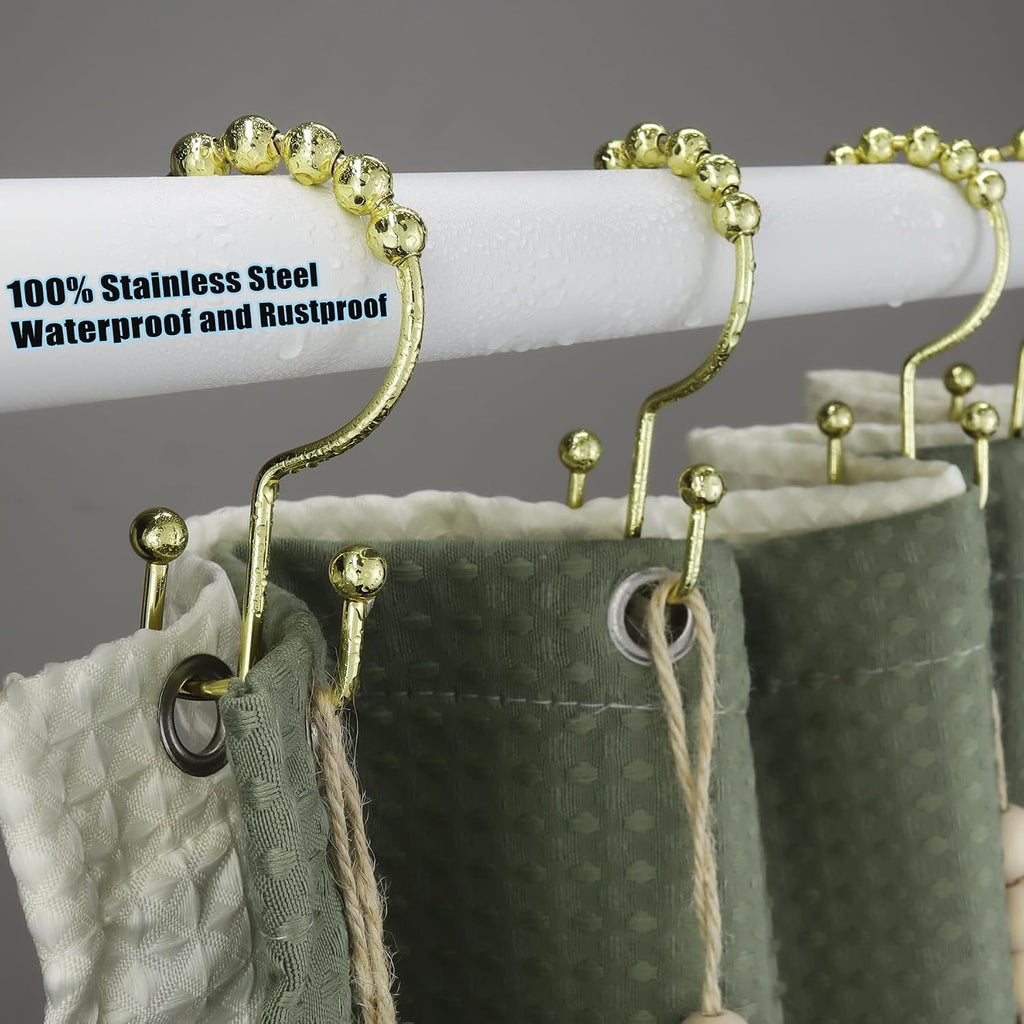 Shower Curtain Hooks Rings for Bathroom, 12PCS Stainless Steel Metal Rust Resistant Balance Sliding Double Curtain Hooks (Gold)