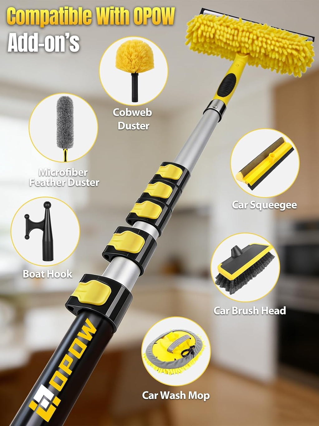 30ft High Reach Cobweb Duster with 6-24ft Extension Pole and 2 Brush Heads