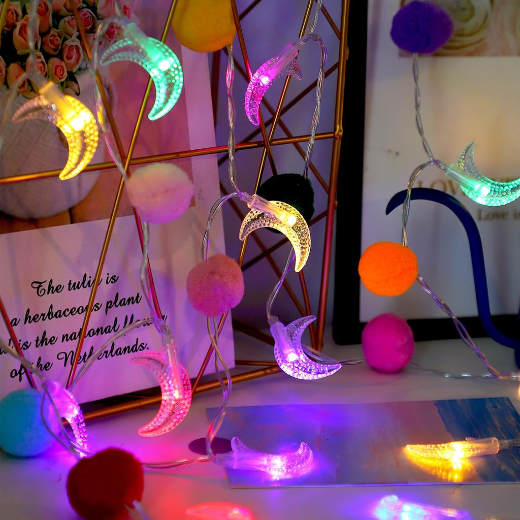 Colroful Moon Lights with Pom Poms Bedroom Decor Twinkle Lights
