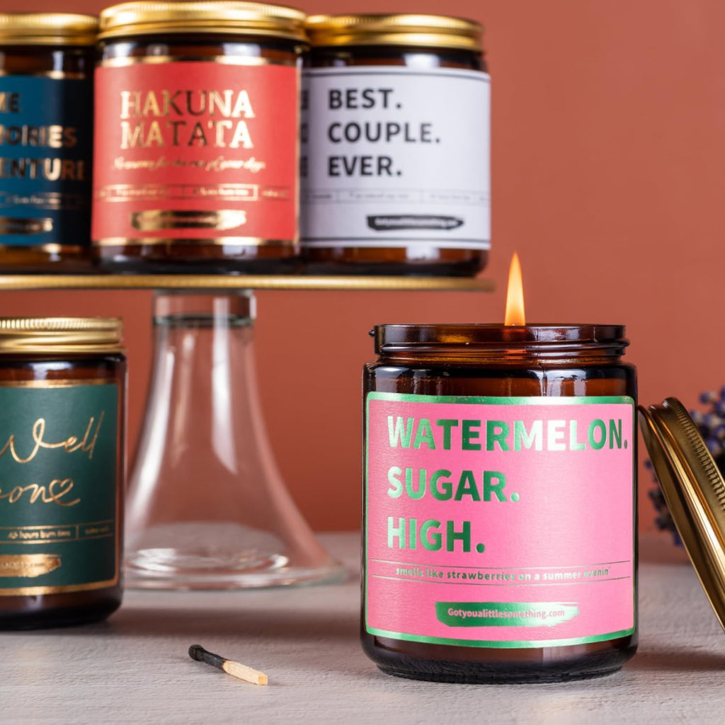 Watermelon Sugar High Scented Candle - Smells Like Strawberries on a Summer Evening - Harry Styles Gifts - Harry Merch - Harry S One Direction Present Idea Music Themed Gift for Fans