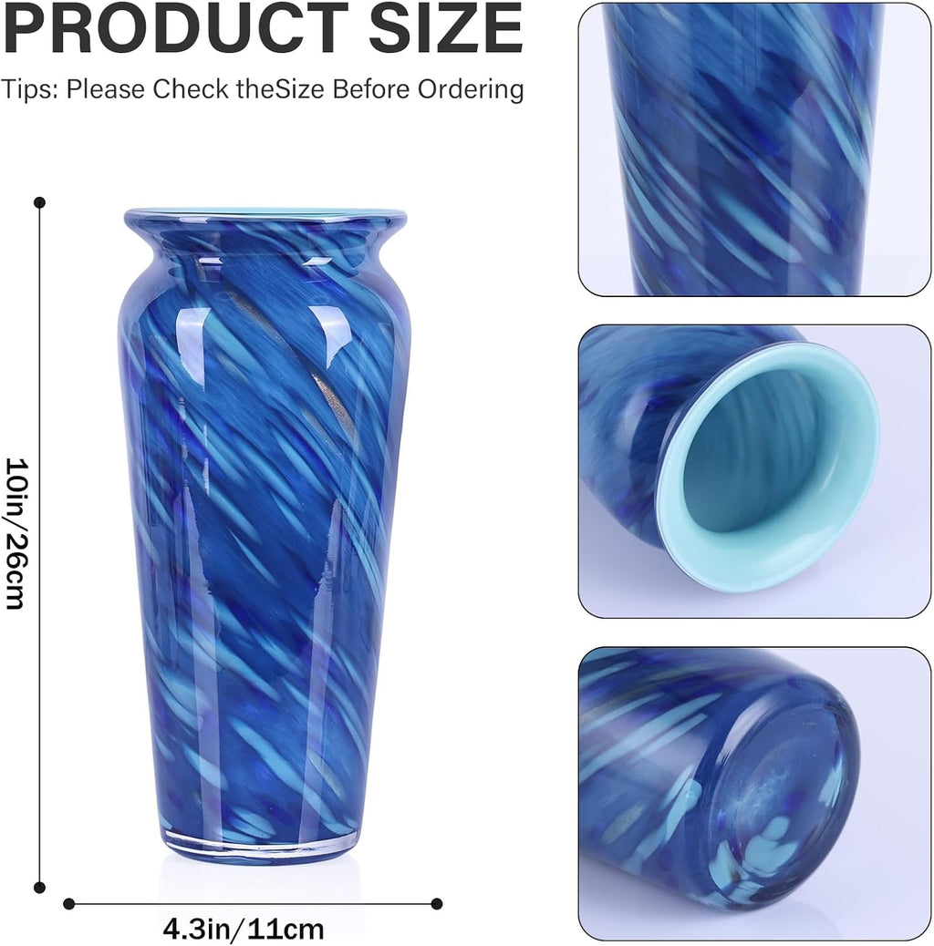 Blue Hand Blown Glass Vase – Tall Speckled Decorative Centerpiece in Murano Style for Dining Table, Coffee Table, Mantel, Entryway, or Bookshelf in Coastal or Modern Decor (Blue)