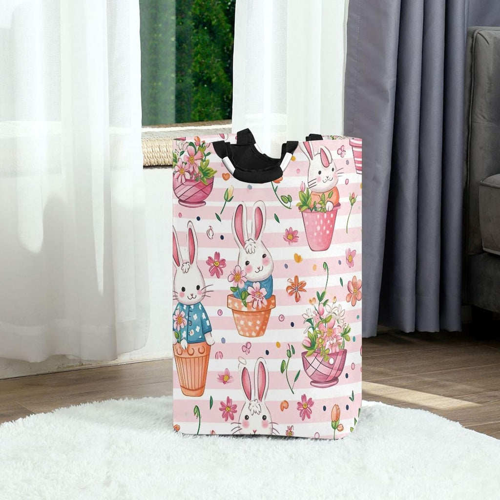 Nander Cute Bunny Laundry Hamper Oxford Cloth Fabric Laundry Basket Collapsible Storage Bin with Aluminum Circle Handles, Waterproof Inner