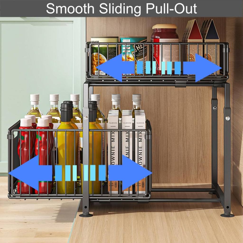 Under Sink Organizer, 2-Tier Multi-Use Kitchen and Bathroom Organizers and Storage, Slide Out Thickened Metal Under The Sink Organizer for Kitchen Bathroom Pantry (Style A White, 2 Pack)