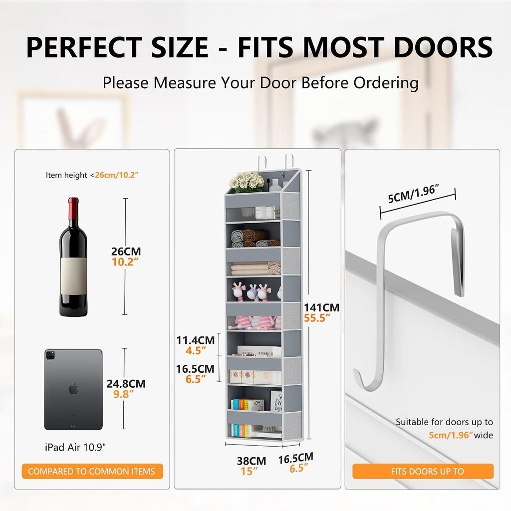 Over The Door Organizer - Over Door Storage Organizer with 5 Large Pockets & 10 Mesh Side Compartments - Heavy-Duty Hanging Storage for Bathroom, Bedroom & Closet - Baby Room Organize - Grey