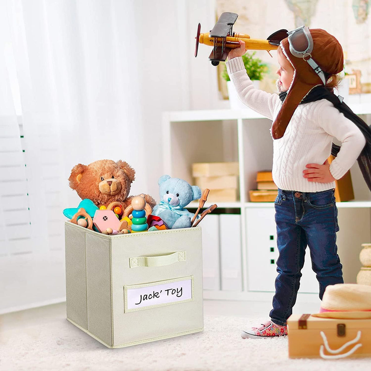 13x13x13 storage cube bins(Set of 8) Fabric storage cubes with 8 Labels Window Cards & a Pen, storage cubes 13x13, Collapsible 13 inch cube storage bins, Cubby Boxes, Beige