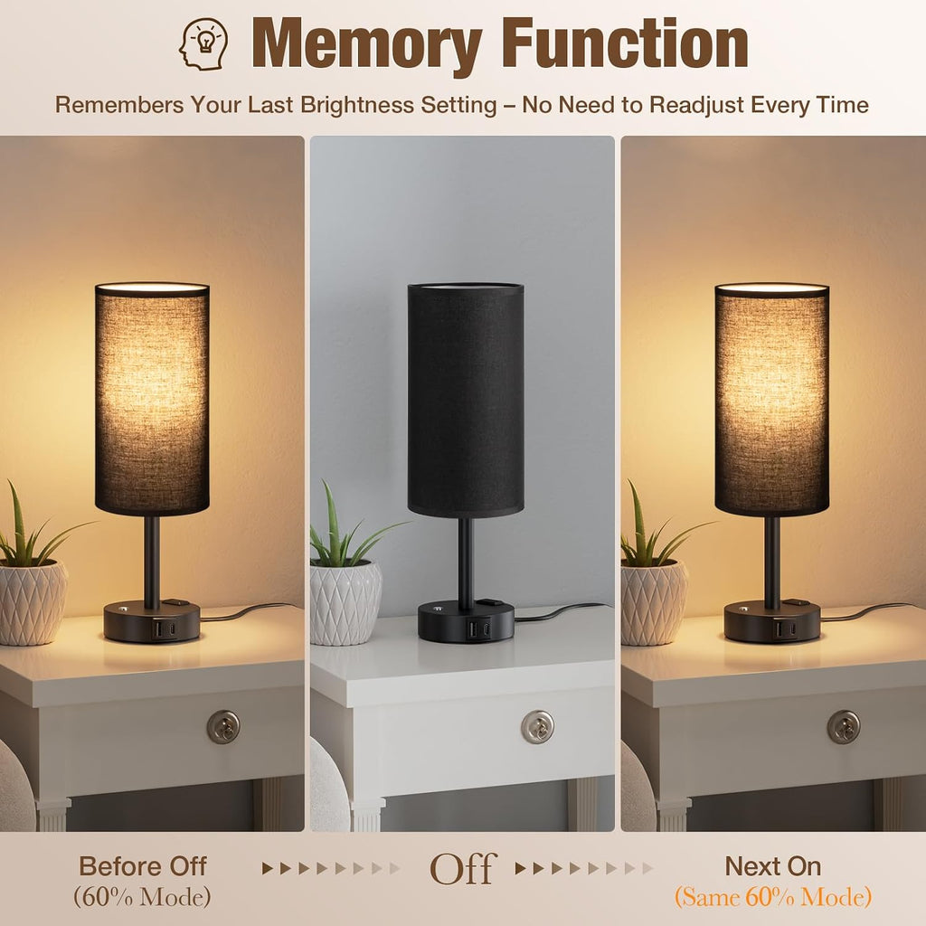 Black Touch Bedside Lamp for Bedroom, Stepless Dimmable, USB A+C, AC Outlet