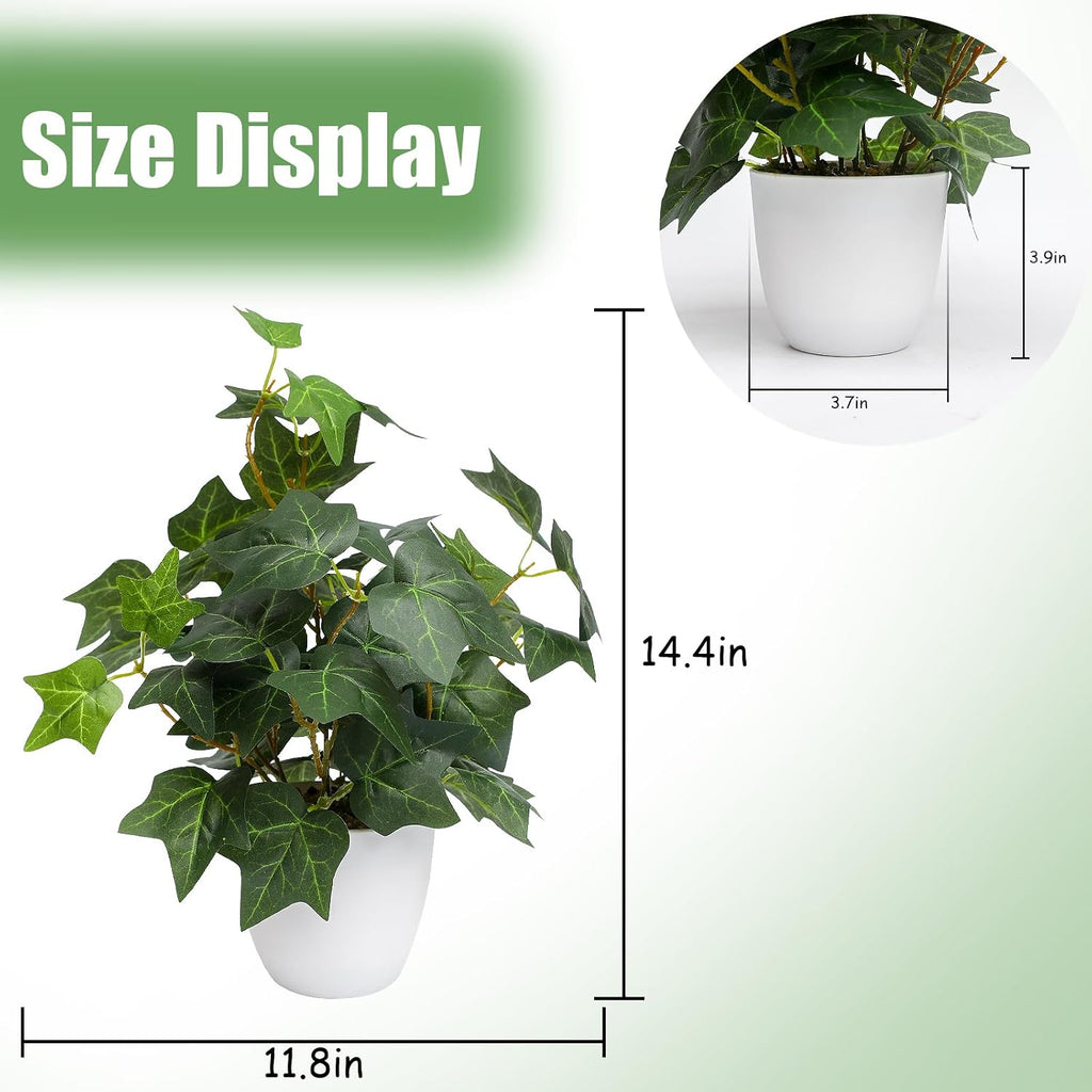 alyptus Fake English Ivy Plants in Pots Set of 2 – Realistic Artificial Ivy Greenery for Home Decor, Tabletop, Office, Shelf, Balcony or Bathroom - Green with White Pots