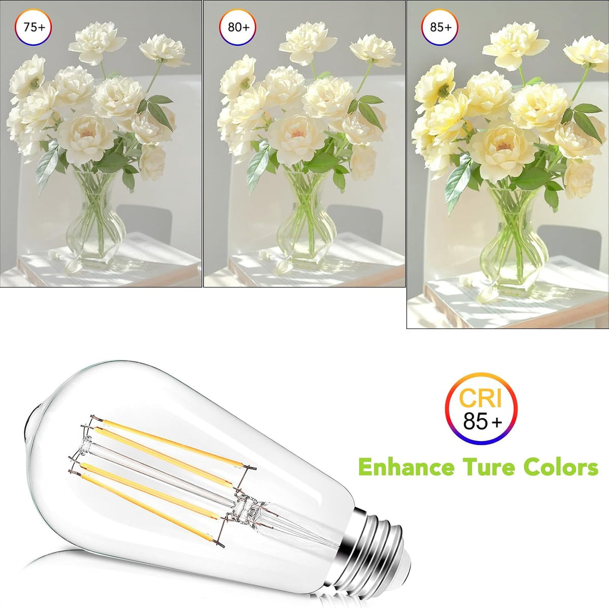 PARTPHONER LED Light Bulbs Dimmable Vintage Edison Bulb, E26 LED Bulb 60W Equivalent 720 Lumens, Neutral White 4000K, ST58 Antique LED Filament Bulb CRI 85+, Clear Glass, Pack of 12