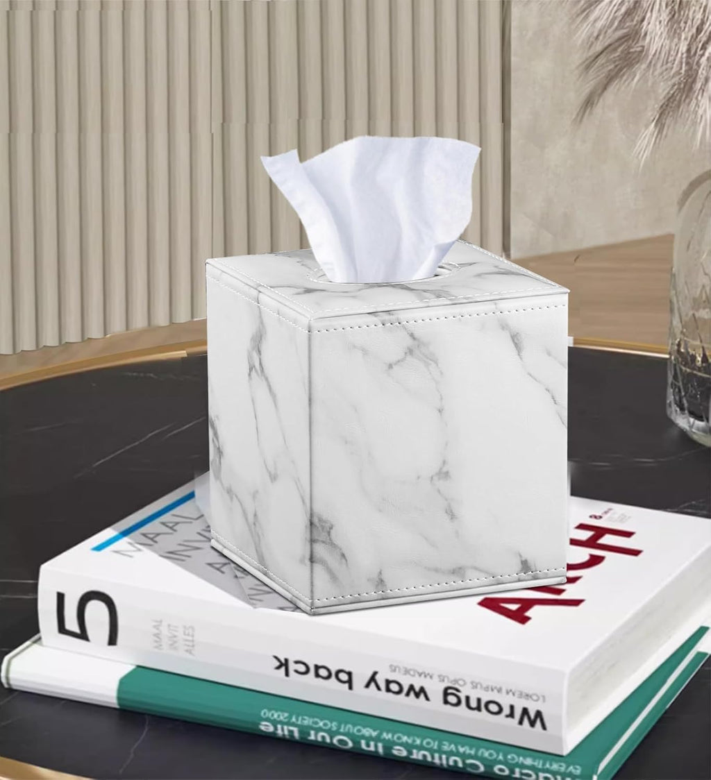 PU Leather Tissue Box Cover Square, Marble Facial Tissue Cube Box Holder