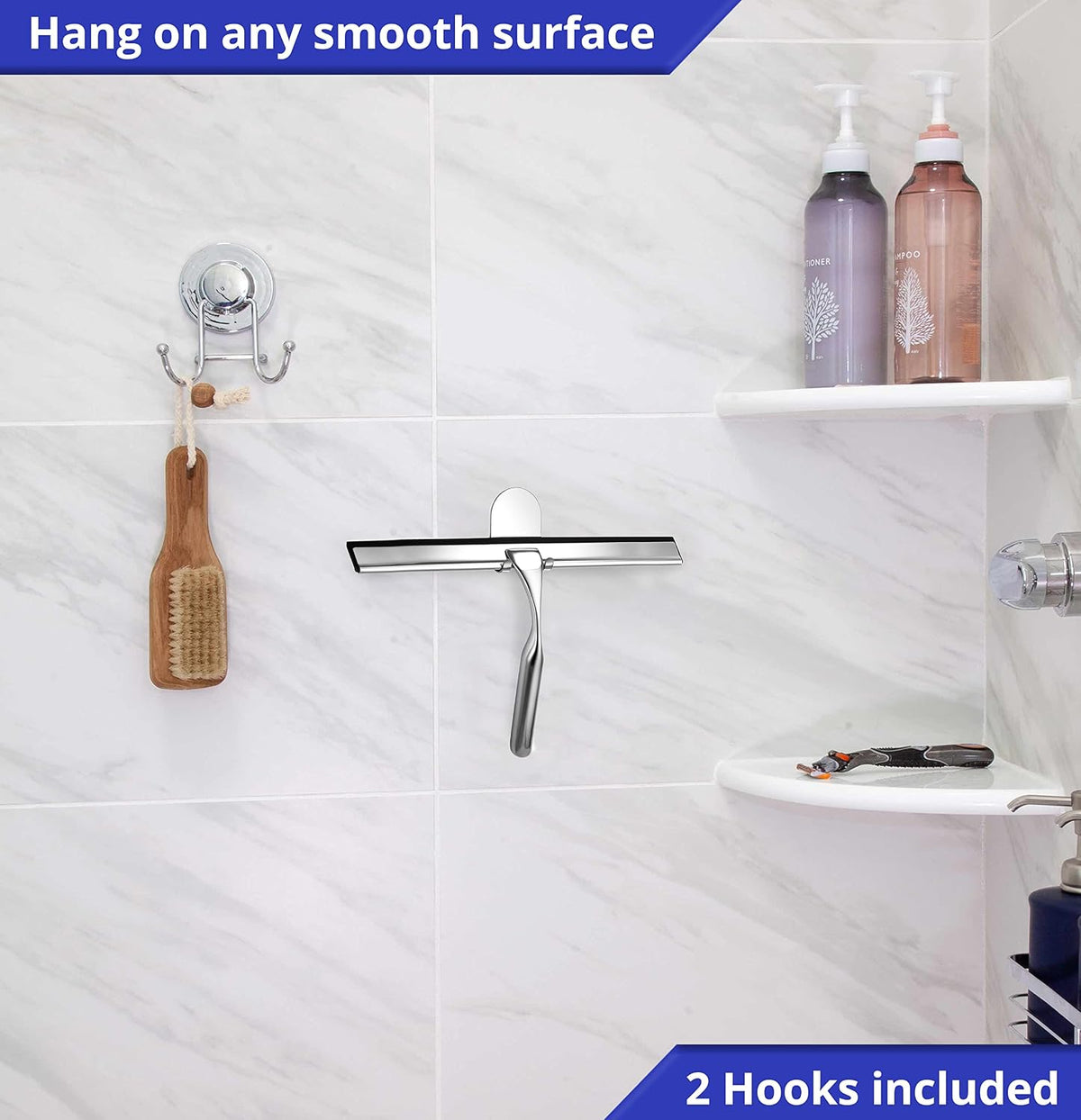 HOME SO Stainless Steel Shower Squeegee, Chrome Silver 12" Rubber Blade
