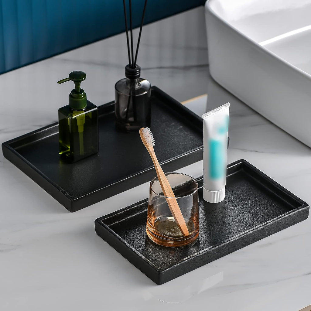 Ceramic Bathroom Sink Tray, Black Graininess Vanity Tray Decor Perfume Trays for Dresser Holder for Jewelry Candle Soap Plant Towel Cosmetic Organizer Rectangle Large