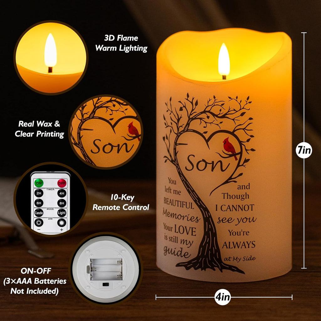 Flameless Memorial Candle for Loss of Son, Real Wax LED Light with Remote Sympathy Bereavement Gifts for Loss of Loved One Memorial Gifts for Loss of Son Remembrance Gifts (4" x 7")