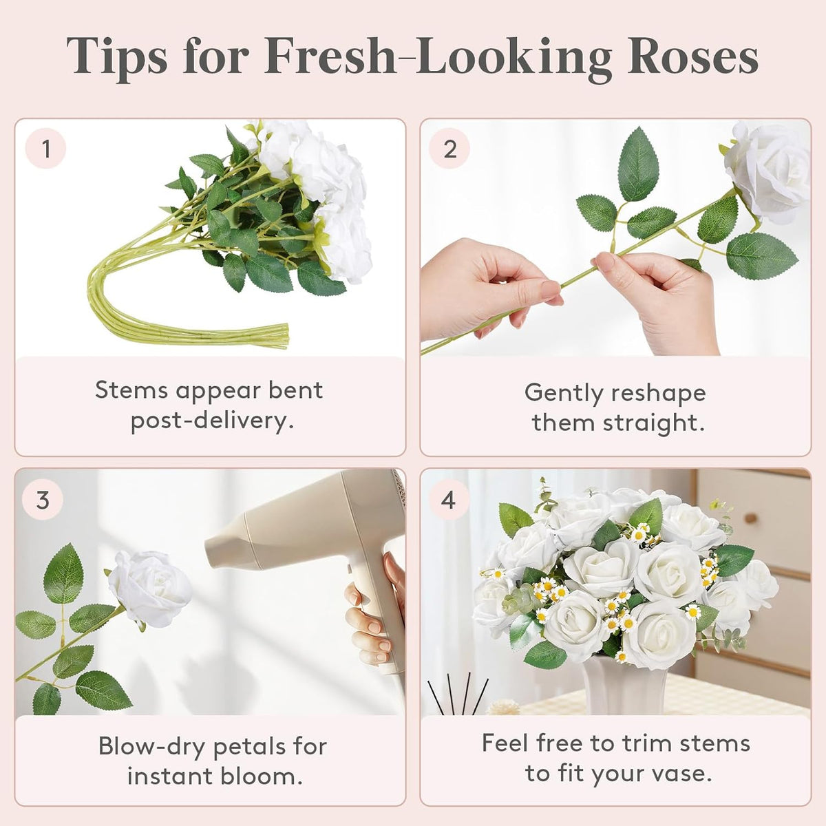 Lifewit Classic White Artificial Roses Flowers, Faux Long Stem Roses Bulky