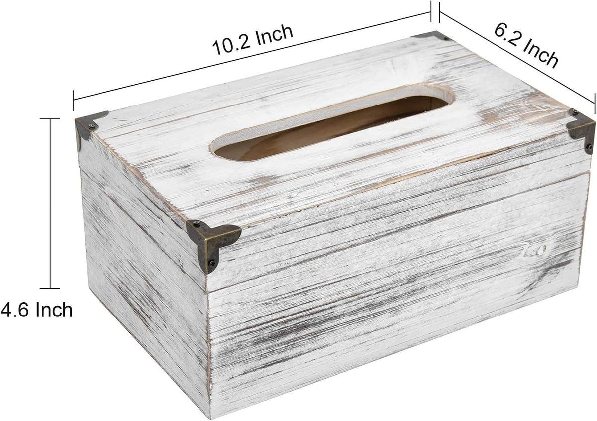 Distressed Wooden Rustic Facial Tissue Box Holder Tissue Box Cover Napkin Dispenser for Bathroom Living Room Dining Room Bedroom Toilet (Washed White)