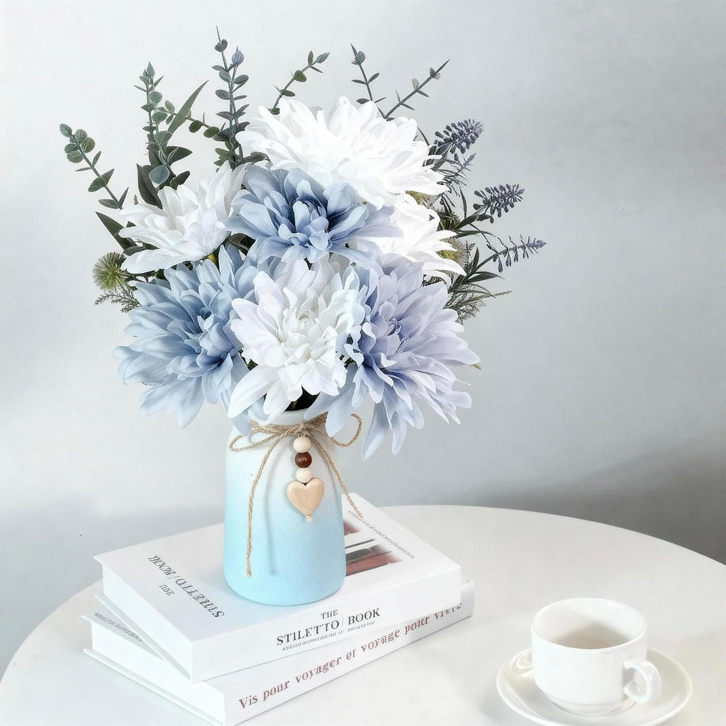 Elegant Ceramic Vase | 6-Inch Flower Vase with Jute Rope & Heart Charm | Modern, Farmhouse, & Boho Home Décor, Blue Color