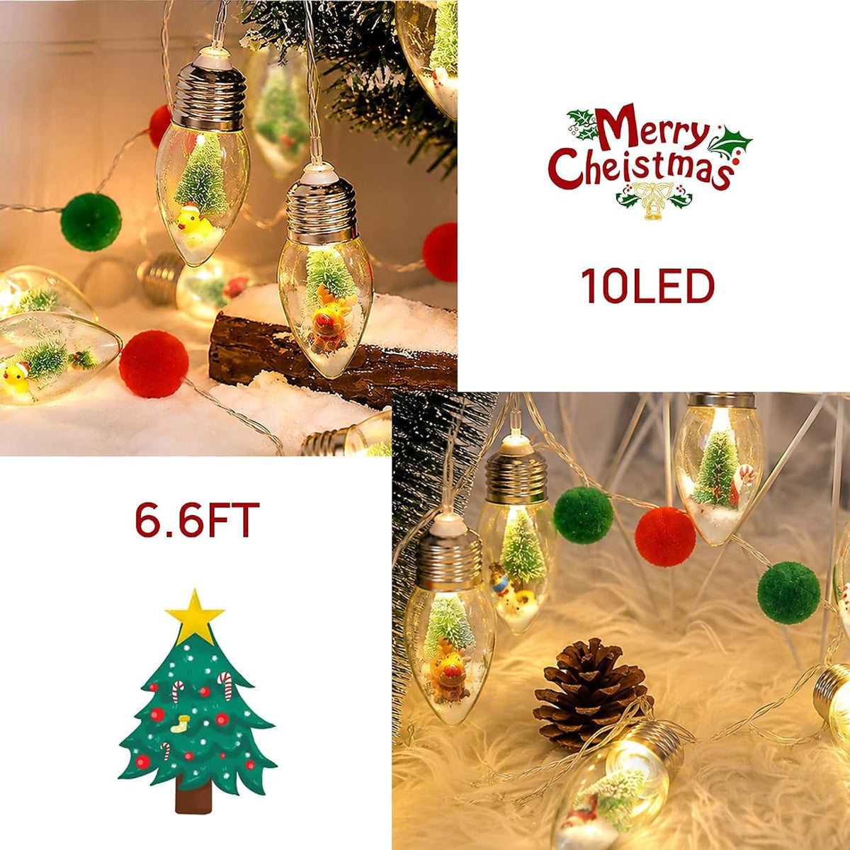 6.6FT Christmas Vintage Decor String Light - 10LED Snow Globe Bulbs String Lights with Tree & Snow & Cute Ornaments Christmas Indoor decorations for Home Patio Mantel Fireplace Xmas Tree Decoration