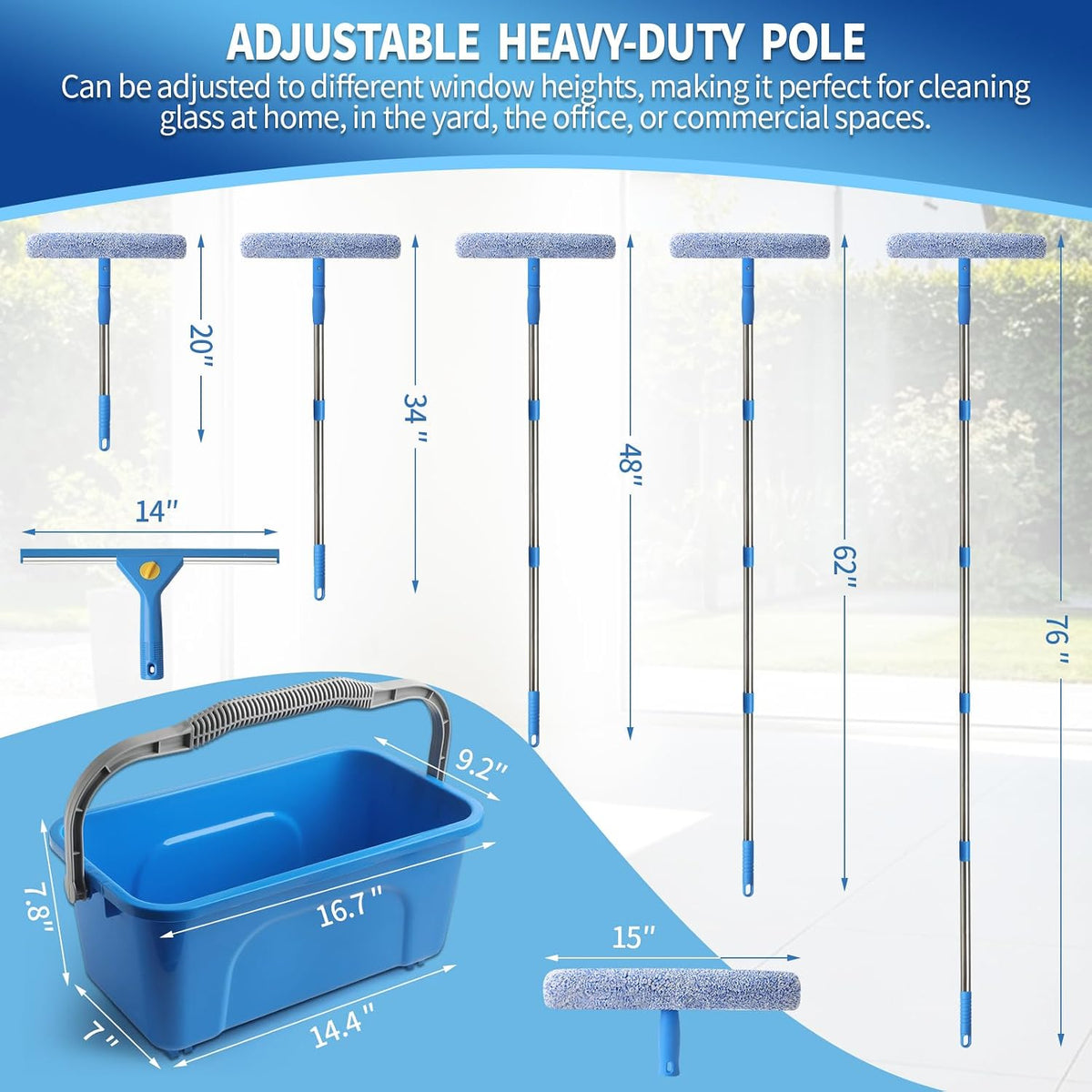 Creatyi 11PCS Window Cleaning Kit Washing Tool, Bucket 3 Gallon, 76 inch Long Handle Window Squeegee and Microfiber Scrubber,Equipped with Replaceable Squeegee and Scrubber for Home Business Use