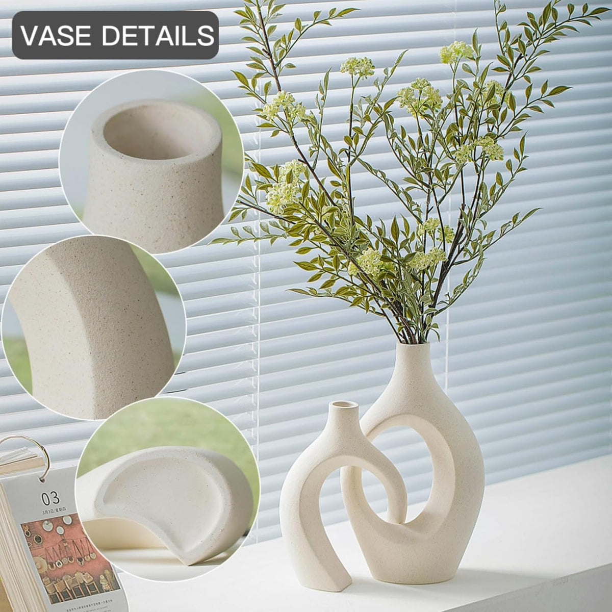 Liotww Snuggle Hollow Ceramic Flower Vase Modern Cream White Vase Set of 2