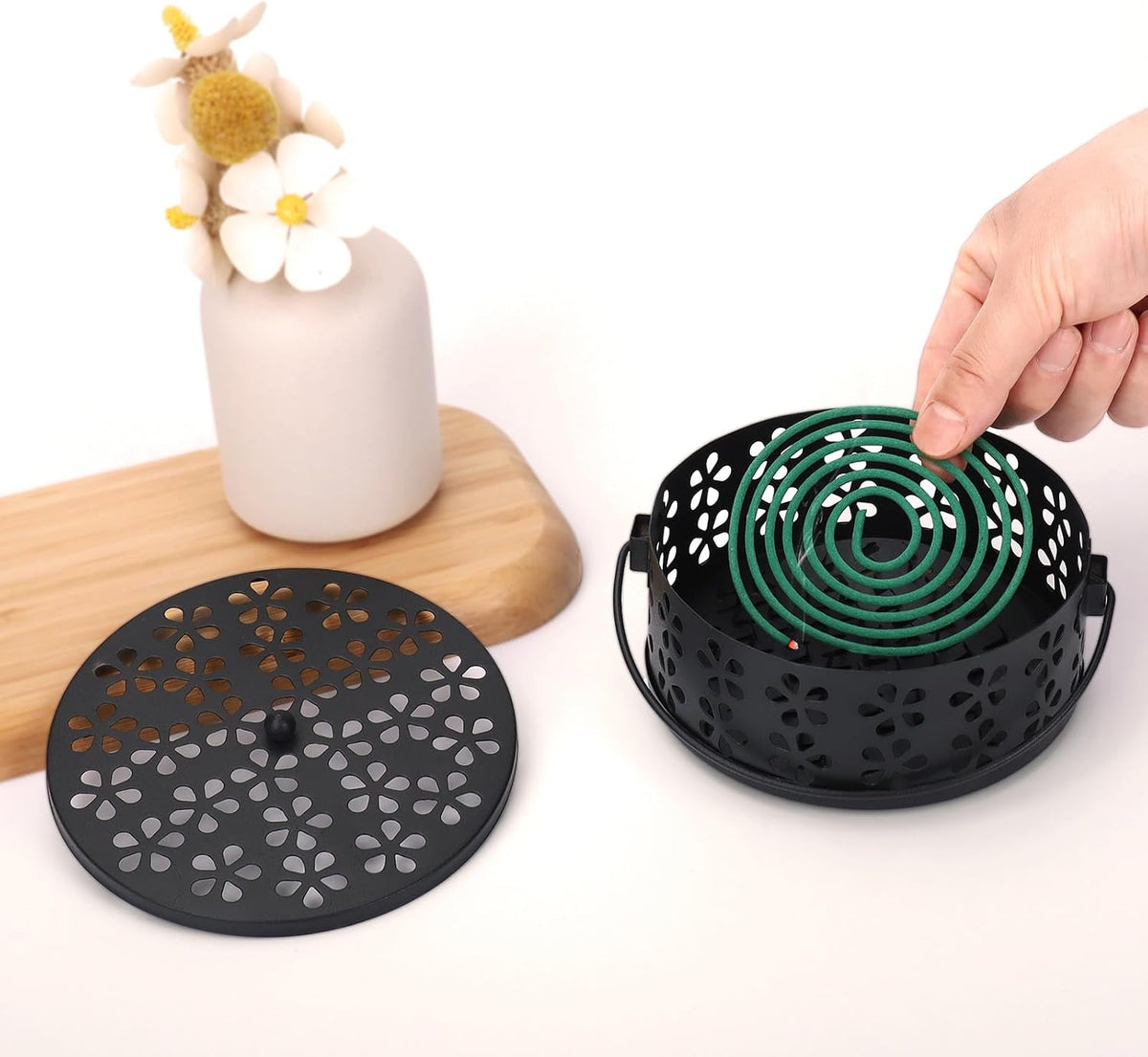 2-Pack Citronella Coil Holder Portable Mosquito Coil Holder Metal Incense Burner with Lid Round Spiral Incense Coil Holder (Black/Black)