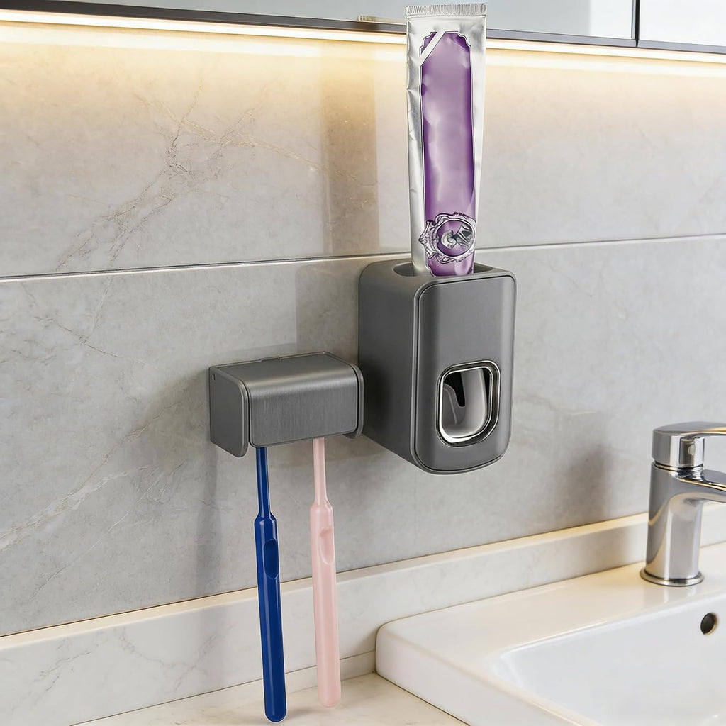 Toothbrush Holder Wall Mounted with Cover for Bathroom, 2 Slots Toothbrush Storage Organizer for Shower, Self Adhesive Toothbrush Hanger with Automatic Toothpaste Squeezer Dispenser