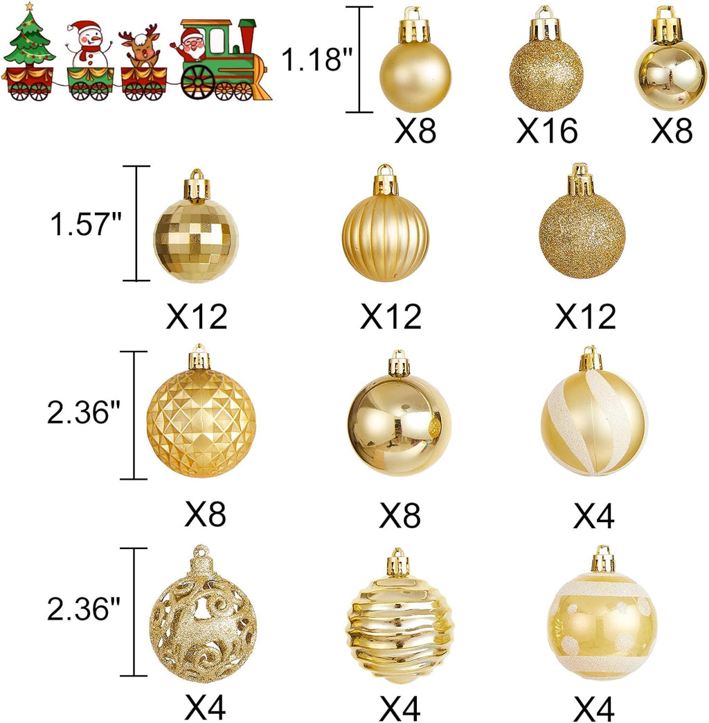 100PCS Christmas Ball Ornaments, Assorted Shatterproof Christmas Tree Decorations, Seasonal Decorative Hanging Baubles Decor Set for Xmas/Holiday/Party, Glitter&Painting Ornament Set (Gold)