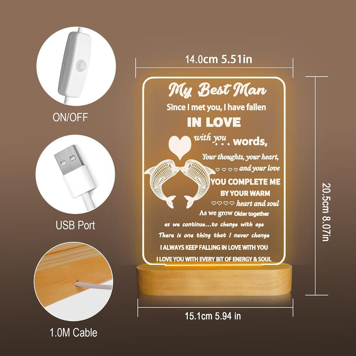 Attivolife Husband 3D Night Light, LED Illusion Optical Wooden Romantic Warm Colors Lamp, Best Room Home Table Decor for Men Dad Lover Boy Him Birthday Wedding Anniversary Valentines Christmas Gifts