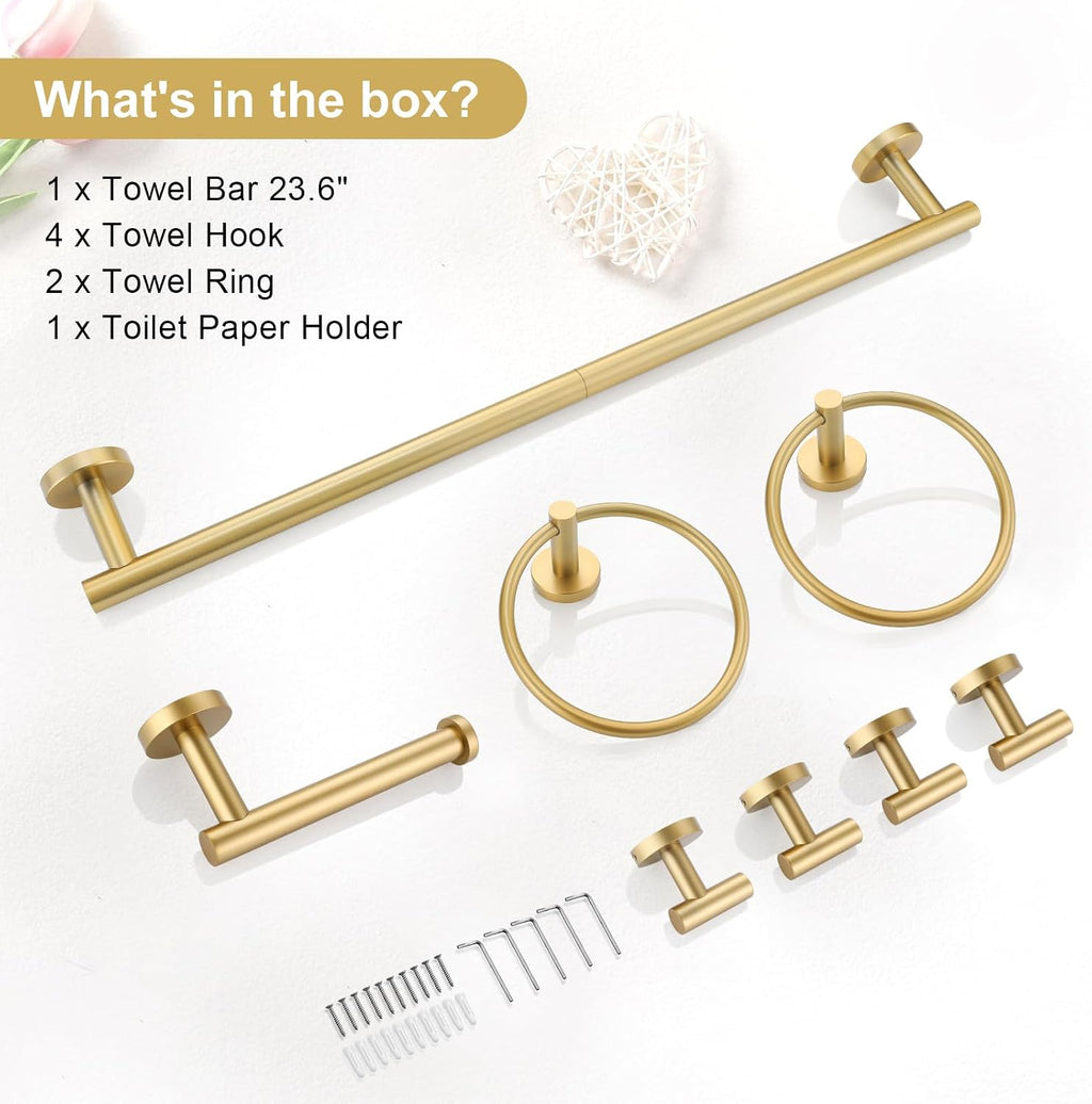 TQKAG 8-Pieces Bathroom Hardware Set, Brushed Gold Towel Bar Set 23.6 Inch