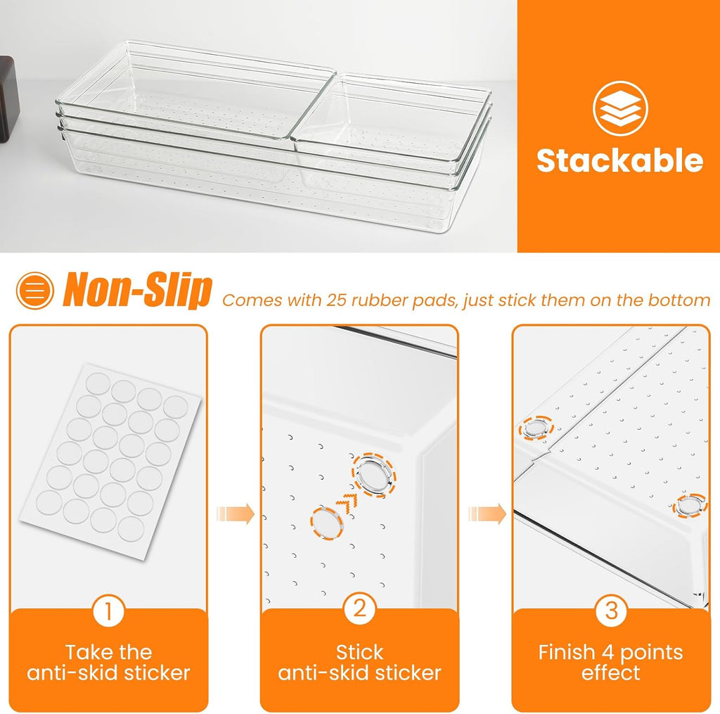 12 Pack Clear Plastic Drawer Organizer Set, Acrylic Non Slip Non Cracking Kitchen Drawer Storage Tray Large Size Divider, Multifunctional Storage for Cosmetics, Bathroom, Tools, Kitchen and Office
