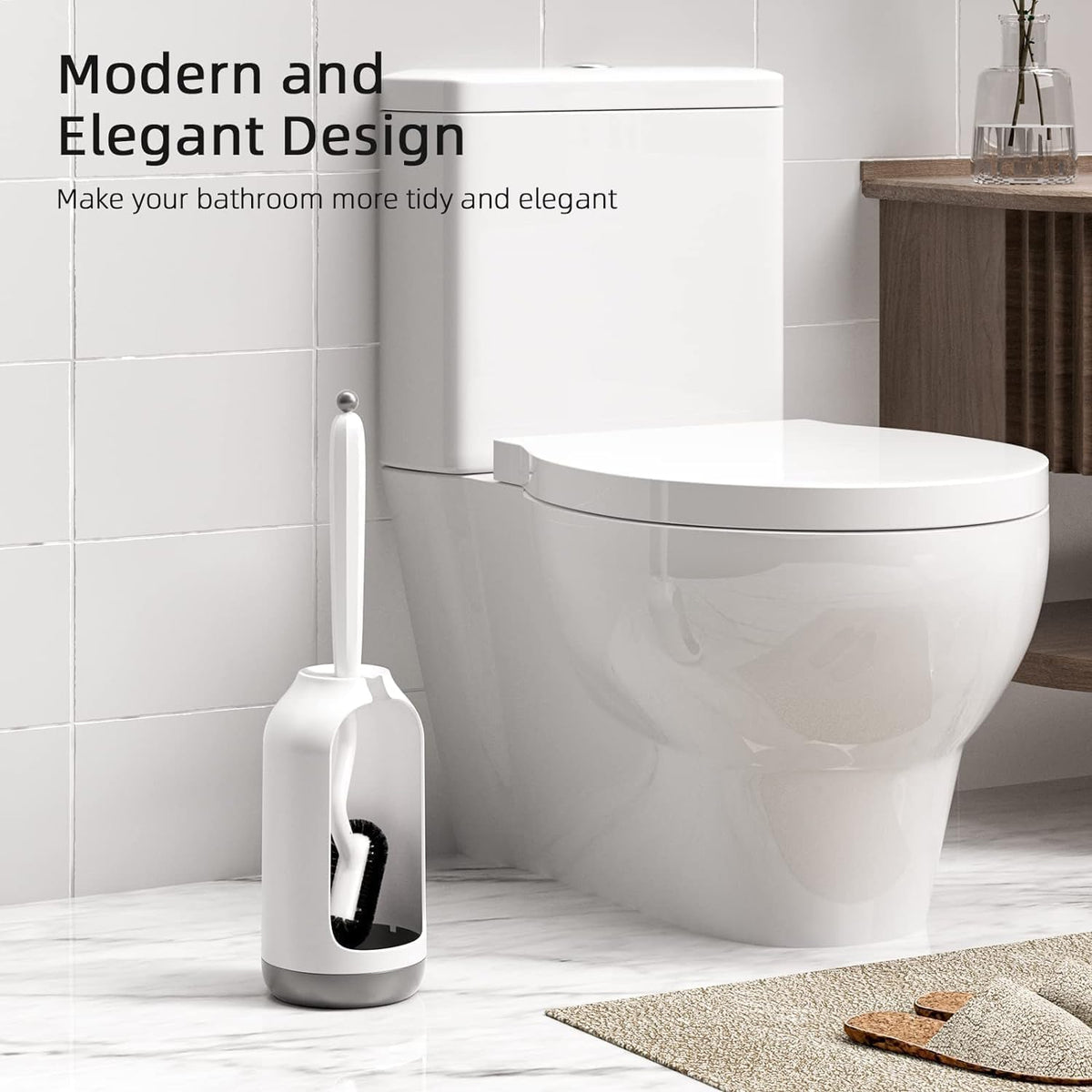 HAMITOR Toilet Bowl Brush Holder Set: Curved Bristle for Deep Cleaning