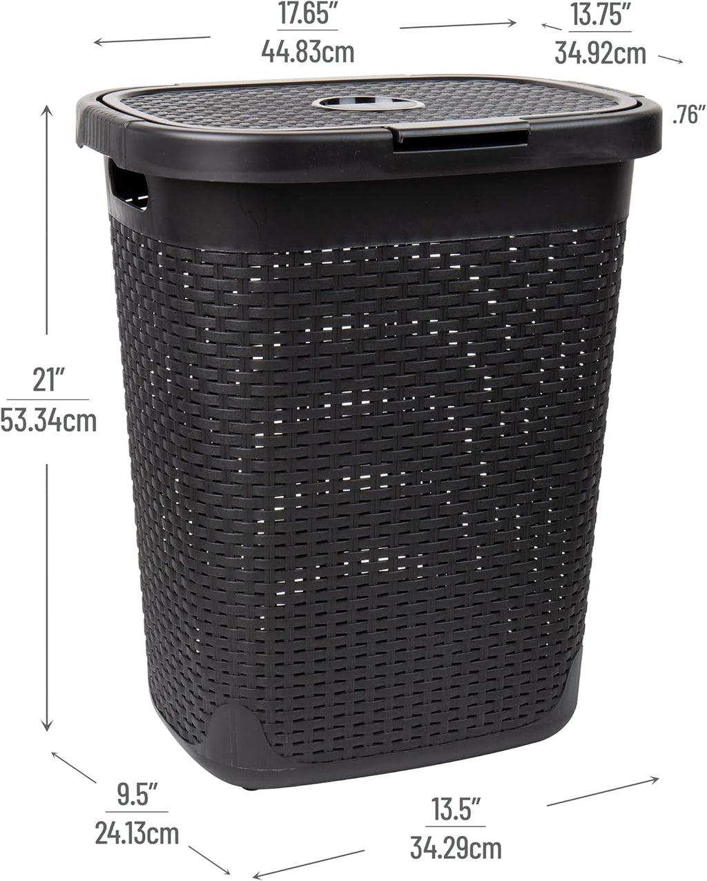 Mind Reader Slim Laundry Hamper with Lid, 50L Clothes Basket, Premium Wicker Design, Plastic, Black