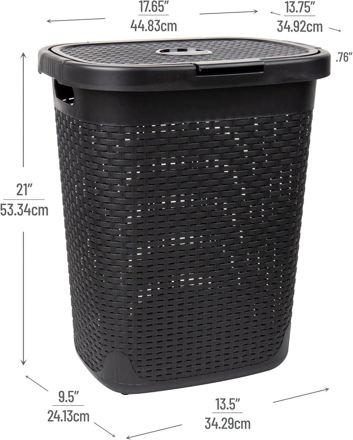 Mind Reader Slim Laundry Hamper with Lid, 50L Clothes Basket, Premium Wicker Design, Plastic, Black